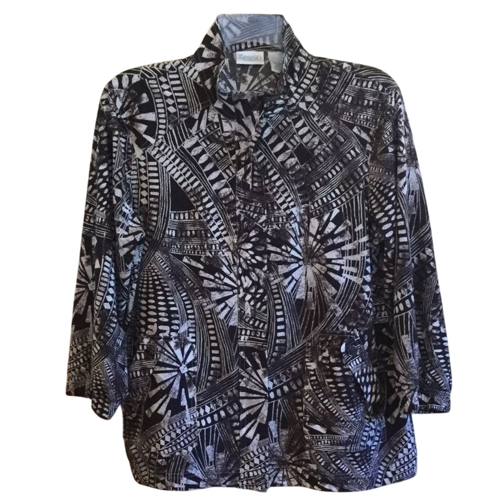 Zenergy By Chico's Jacket Size 1 Womens Brown Cream Print Zip Up Pockets SZM